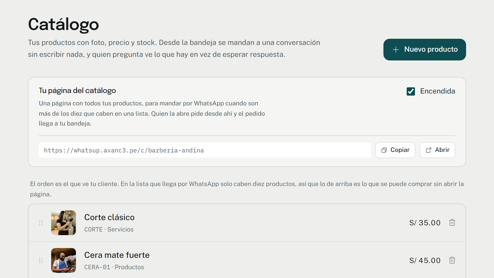 El catálogo de Whatsup con productos, precios y el enlace de la página pública